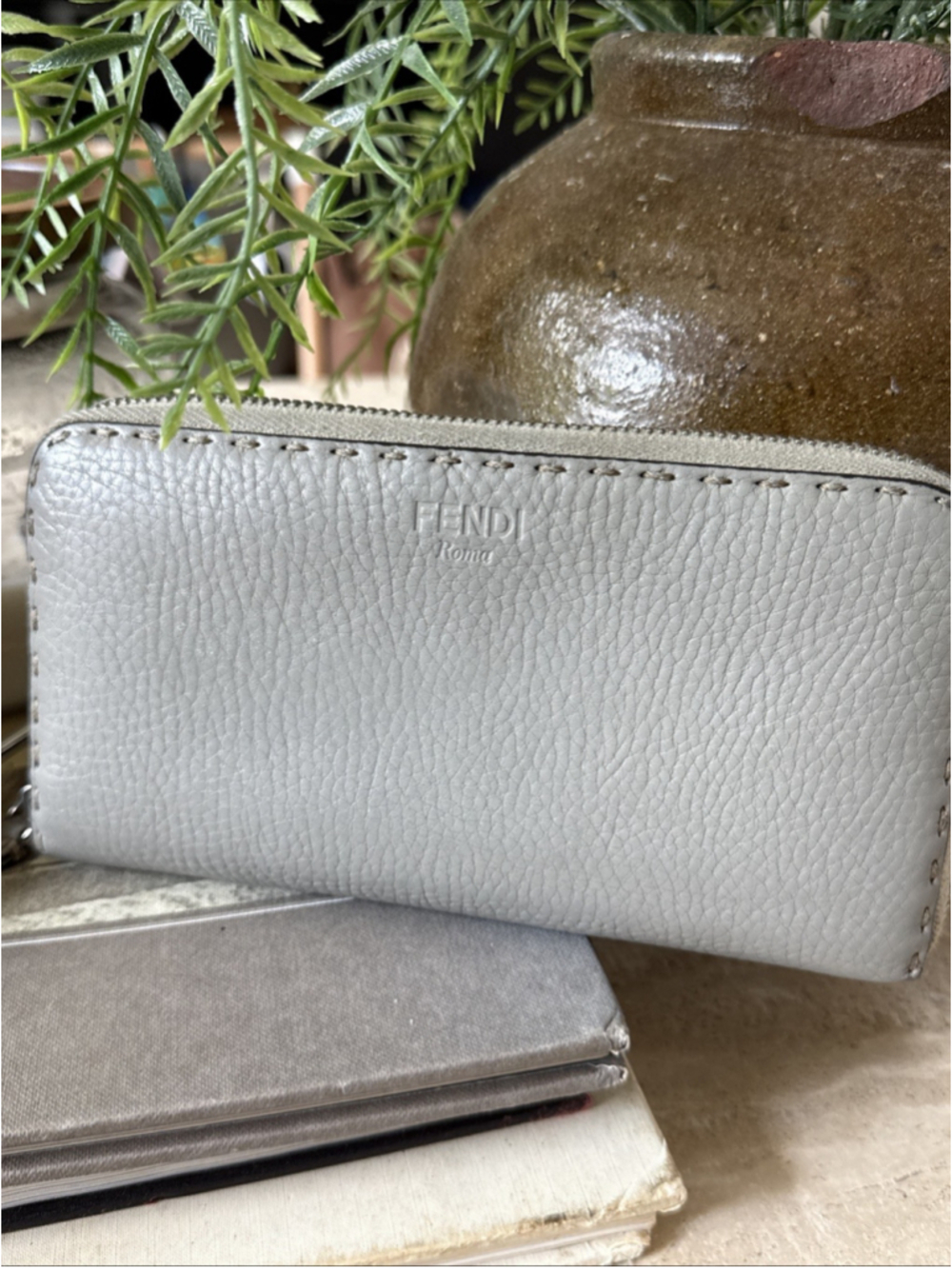 Fendi Gray Leather Zip Around Wallet Peekaboo Selleria Long Wallet